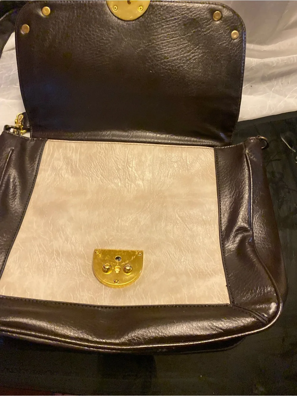 Source Unknown Cream and Dark Brown Two-Tone Satchel with Gold Hardware